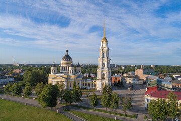 The ancient Cathedral of theTransfiguration of the Savior in a urban landscape on a July day (aerial view). Rybinsk, Yaroslavl region. Russia
