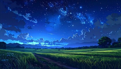 Night sky over meadow with stars, and landscape.
