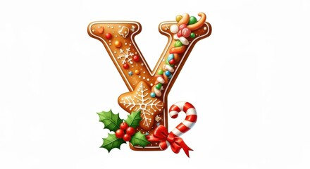 Gingerbread letter y decorated with christmas candy and holly isolated on white background