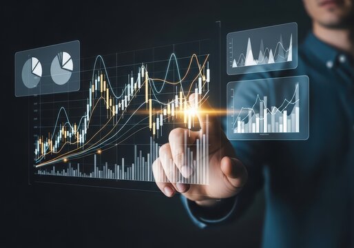 Man touching virtual screen displaying financial chart. Business intelligence with stock market data visualization for investment analysis.