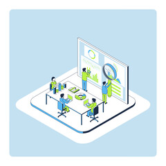 Cartoon Color Market Research Start Up AI Concept 3d Isometric View Line Elements. Vector illustration of Sartup Artificial Intelligence