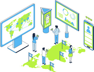 Cartoon Color Marketing and Scaling Start Up AI Concept 3d Isometric View Line Elements. Vector illustration of Sartup Artificial Intelligence