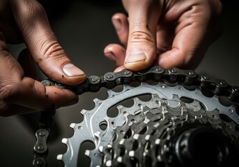 Man mechanic repairing bicycle chain. Close up of dirty hand working on bike cassette. Maintenance and service concept for cycling.