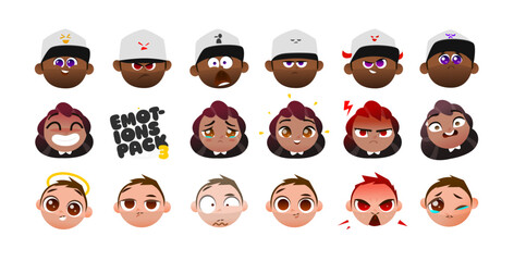 Cute Chibi Character Heads with Expressive Emotions. Perfect for Stickers, UI Avatars, and Creative Design Projects. Vector Illustration Set for Diverse Cartoon Expressions.