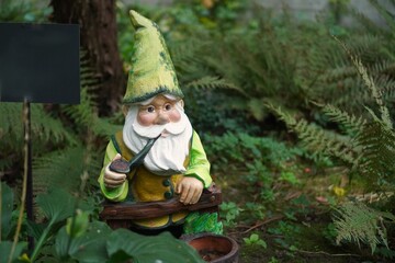 Vintage figurine of a garden gnome among fern thickets in autumn in the botanical garden while traveling in Europe