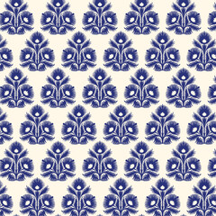 Seamless folk art pattern with a traditional stylized floral motif, similar to Buta or Slavic embroidery. This rhythmic design in crisp indigo blue on a cream background is classic and graphic
