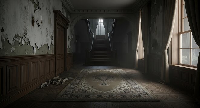 Abandoned hallway with peeling wallpaper and dusty carpet.