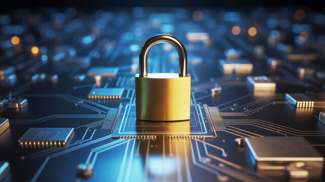 Golden Padlock Secured on Futuristic Circuit Board with Blue and Orange Lights security technology