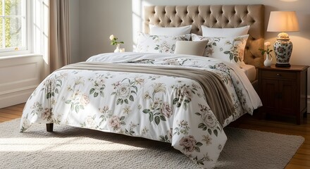 Comfortable bed with floral bedding and tufted headboard in a bright bedroom