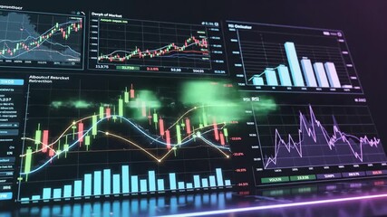 Stock Market Data Screen - A stock market data screen displays various financial charts and graphs, including candlestick charts, line graphs, bar charts, and RSI indicators, all presented in a - Powered by Adobe