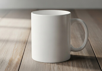 A simple mockup of a white ceramic mug on a wooden table with bright sunlight. A versatile, clean, and minimalist template for any logo, text, or print design.