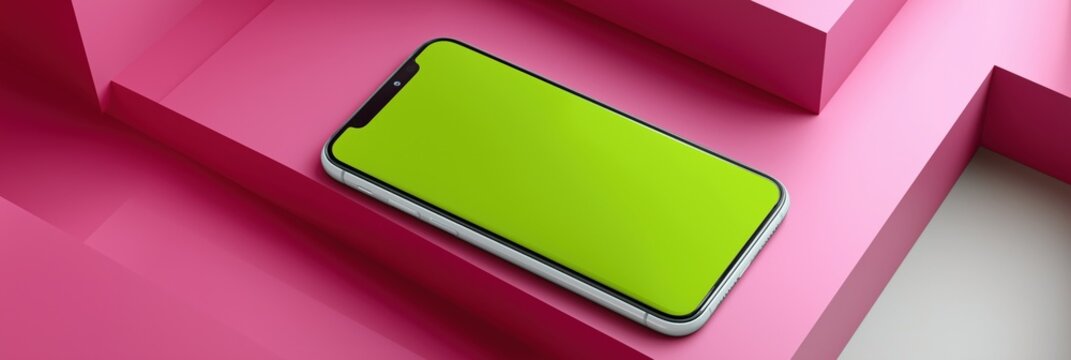 Modern smartphone with vibrant green screen on pink geometric background - Powered by Adobe