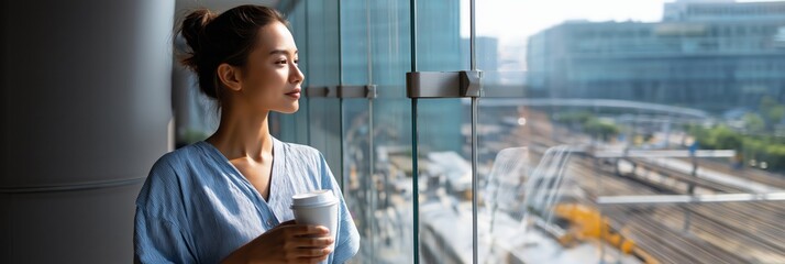Asian young woman gazing out window holding coffee in modern urban setting