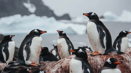 Obraz premium A group of penguins in their natural habitat, near icy waters and rugged terrain