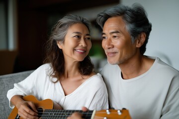 Mature asian couple enjoys playing acoustic guitar together at home