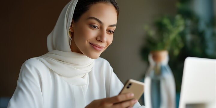 Smiling young female using smartphone in white hijab at café - Powered by Adobe