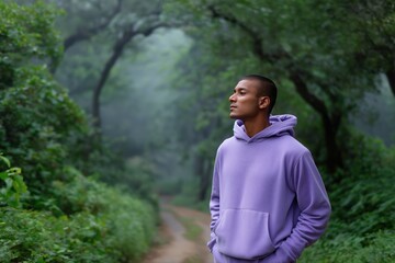 Young hispanic male enjoying peaceful forest walk in purple hoodie
