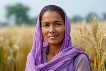 Young asian woman in lavender scarf smiling in wheat field