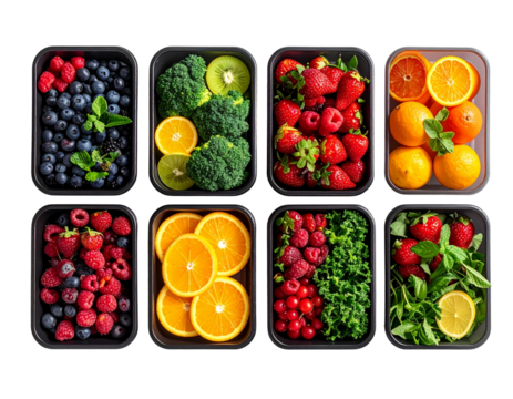 Eight containers filled with fresh colorful fruits and vegetables arranged on a black background