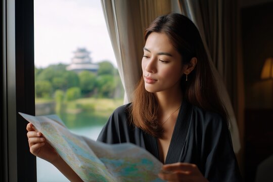 Young asian woman reading map by window with scenic view of japanese castle - Powered by Adobe