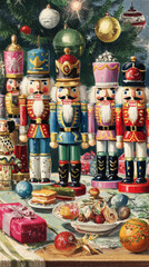Decorations from a retro Christmas setting show nutcracker figurines standing near wrapped gifts, ornaments, and a candle