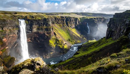 Stunning vista showcases two waterfalls cascading down a rugged gorge flanked by lush green slopes and weathered cliffs under a cloudy sky