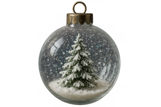 Festive snow globe ornament with sparkling glitter and a miniature christmas tree on a transparent background - Powered by Adobe