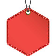 Hexagonal Blank Sale Tag With Red Gradient and Stitched Border Hanging From Two Thin Black Strings With A Small Green Circle Detail At The Top Left