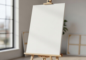 Mockup of a blank white canvas on a wooden easel in a bright artist's studio. A perfect template for showcasing paintings, artwork, designs, or announcements.