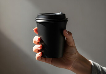 A hand holds a blank black paper coffee cup in a dimly lit, moody setting. A chic and sophisticated mockup for premium or artisanal coffee shop branding.