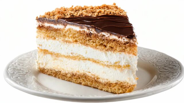 Delicious chocolate and cream layer cake slice on decorative plate