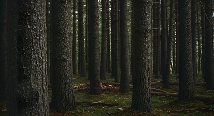 Fototapeta premium Dense Forest of Tall Trees with Mossy Ground Cover Dark Atmosphere.
