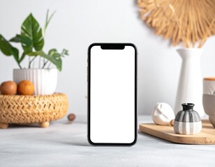 Phone mockup with home decor, and blank screen.