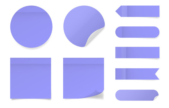 Set of square and round paper stickers. Purple stick in notes. Post it notes. Sheets of paper. Tag, sticky note. Pointed bookmarks