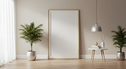 Minimalist Interior with Empty Frame Plants and Modern Lighting.
