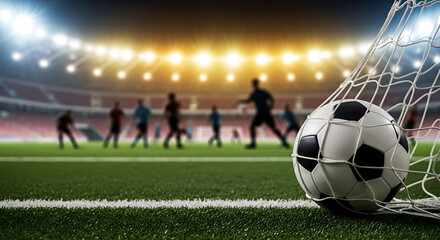 

Closeup of soccer ball in goal net. Football play in front of night lights background. Sport game championship background.