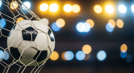 

Closeup of soccer ball in goal net. Football play in front of night lights background. Sport game championship background.