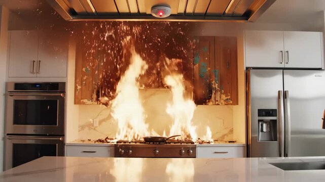Kitchen Fire Emergency - A modern kitchen is engulfed in flames, with the fire originating on the stovetop. Sparks fly upwards, and a smoke detector is visible on the ceiling above the stove.