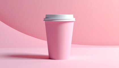 Pink coffee cup with white lid with studio shot.