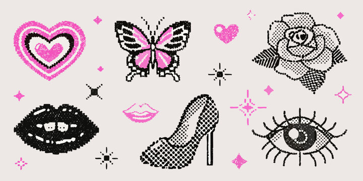 A collection of retro pixel art icons including a heart butterfly rose lips high heel shoe and eye