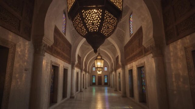 A grand hallway with ornate lanterns and intricate Ottoman architecture glows softly with warm light.