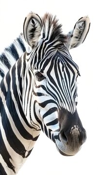 A detailed view of a zebra's face on a plain white background