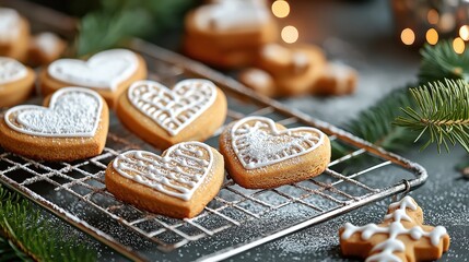 Baked gingerbread heart cookies cool on a rack with festive decorations and soft lighting