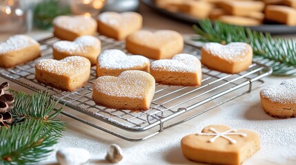 Fototapeta premium Baked gingerbread heart cookies cooling on a wire rack in a cozy setting with holiday decorations
