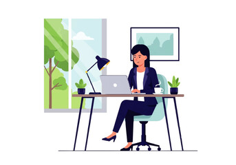 Serene Workspace of a Businesswoman: A focused businesswoman, working on her laptop at a desk near a window, suggesting productivity and a balanced work environment.