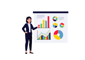 Fototapeta premium Financial Insight: An astute business woman presents dynamic financial charts on a large screen, poised to articulate valuable data, demonstrating expertise and strategic focus.