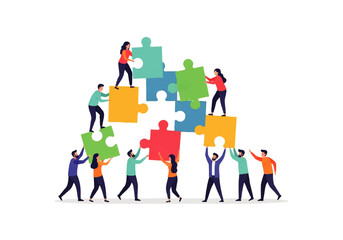 Fototapeta premium Collaboration of the Puzzle: A team of diverse individuals working together, collaboratively assembling colorful puzzle pieces to build a structure, symbolizing teamwork and collective effort