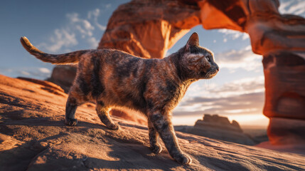 Tortoiseshell cat walking confidently on sunlit red rocks near a natural sandstone arch at sunset, capturing a sense of exploration and freedom in nature.