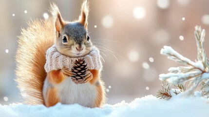 Obraz premium Squirrel wearing a knitted scarf holds a pine cone in a snowy winter scene