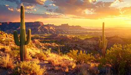 Sunset over desert landscape with cacti